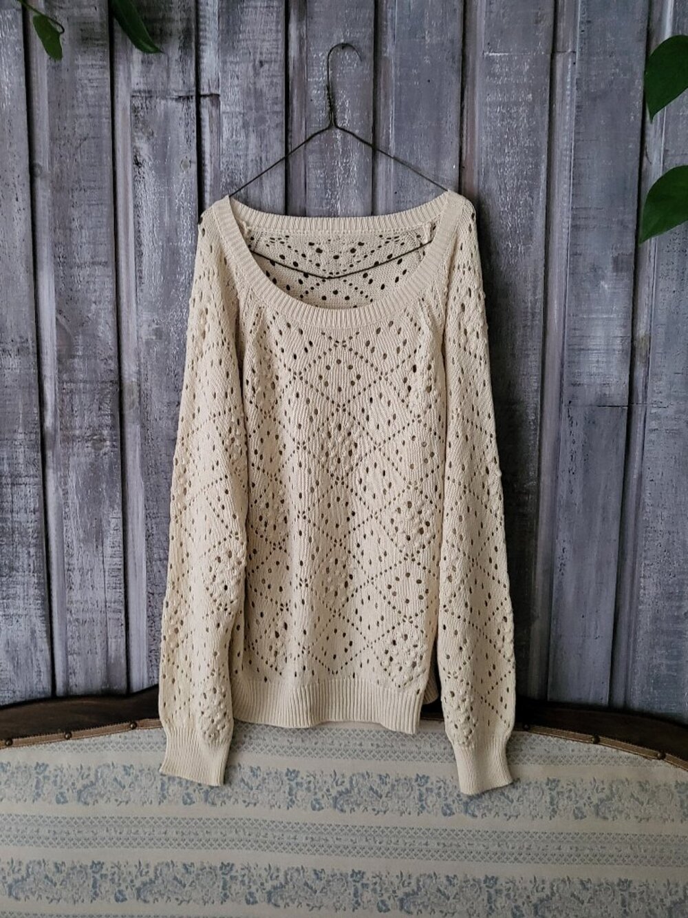 Cream Crochet Knit Sweater Boho Eyelet Pullover Cotton Oversized PTP 24"